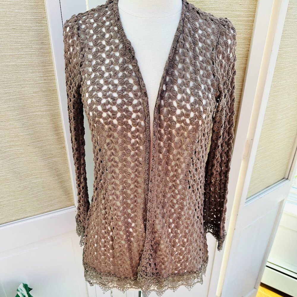 Monteau Crochet Cardigan Small Bell Sleeve Lace Trim Open Knit Duster